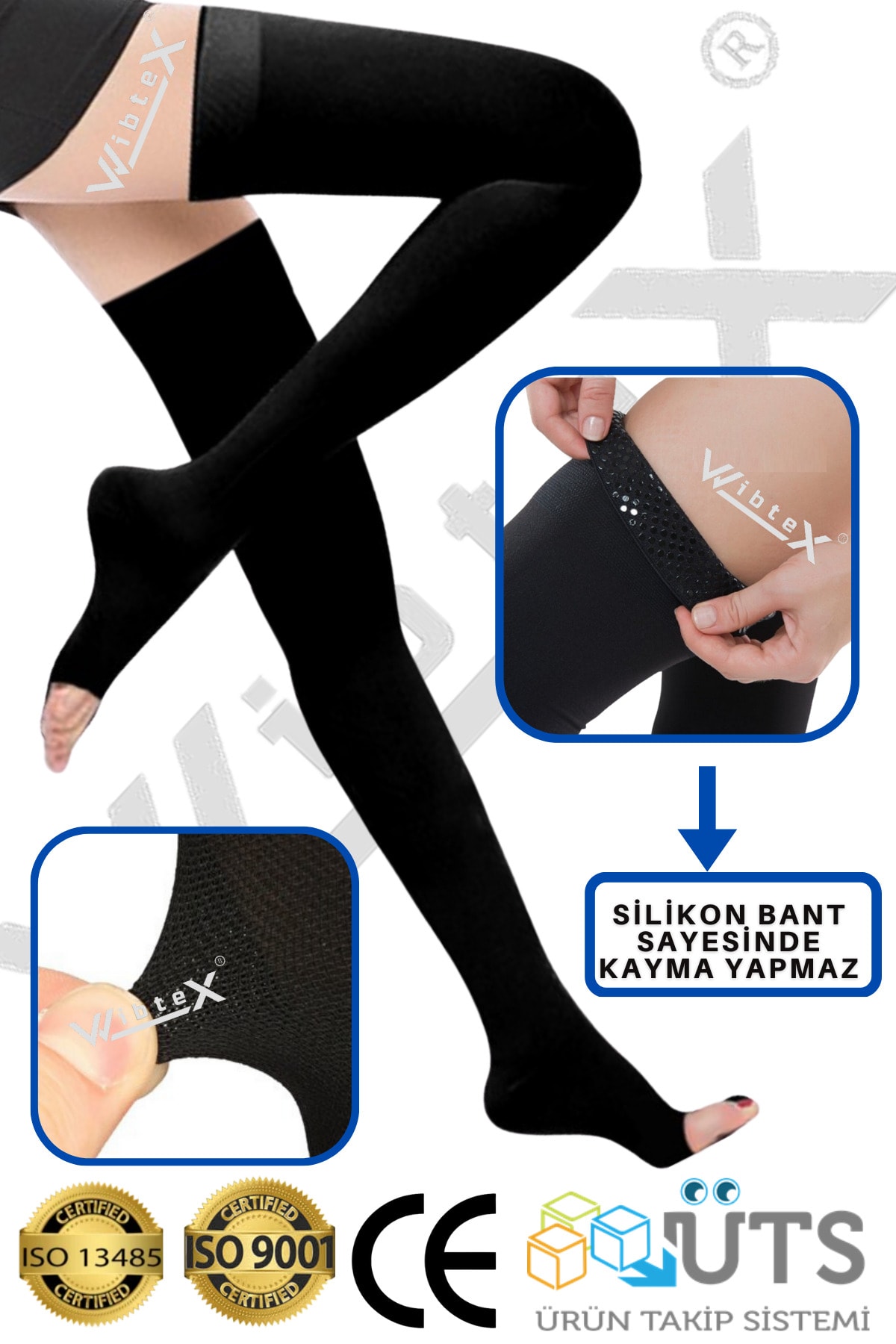 Diz Üstü Çorabı Burnu Açık (siyah Renk) Orta Basınç Ccl2(çift Bacak) - Görsel 1