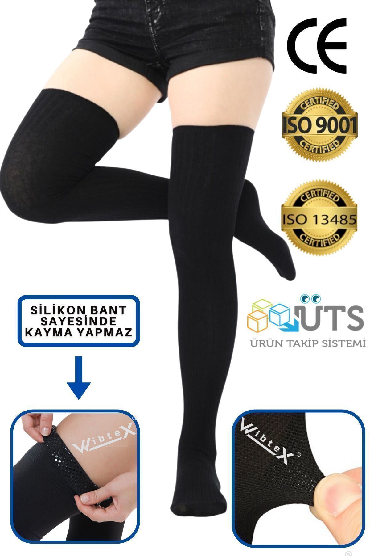 Diz Üstü Variss Çorabı Orta Basınç Burnu Kapalı (SİYAH RENK) (ÇİFT BACAK) - Görsel 1