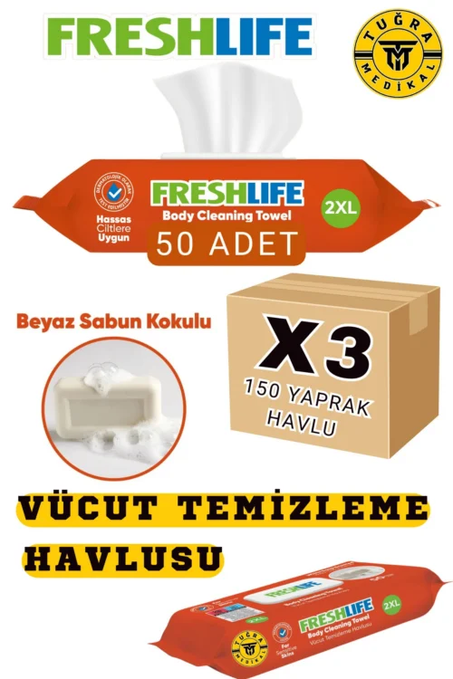 Freshlife Vücut Temizleme Havlusu 50'li 3 Paket 150 Adet Havlu