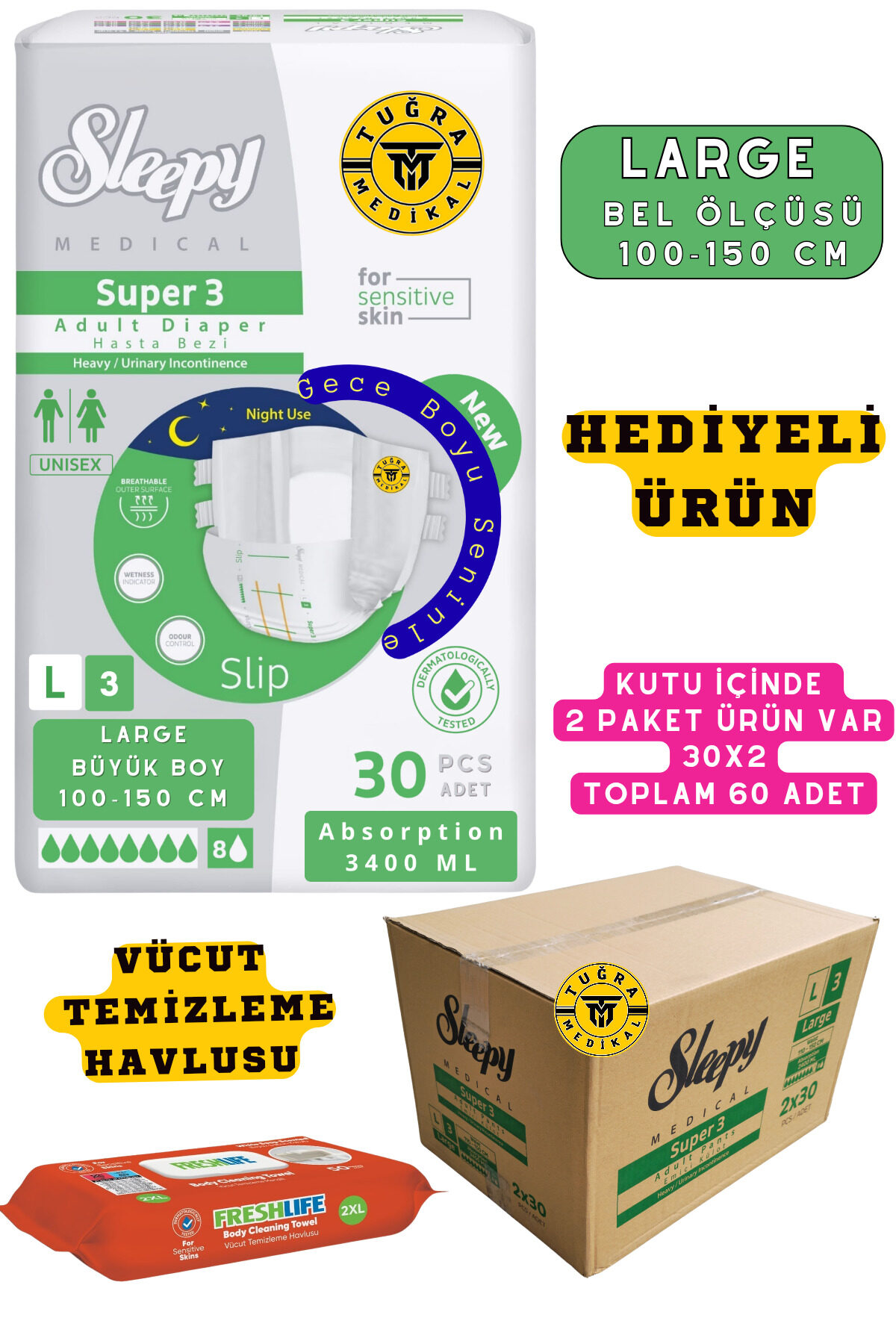 Belbantlı Yetişkin Hasta Bezi Unısex Süper 3 Gece Bezi | LARGE (L) 60 Adet 30X2 (HEDİYELİ)