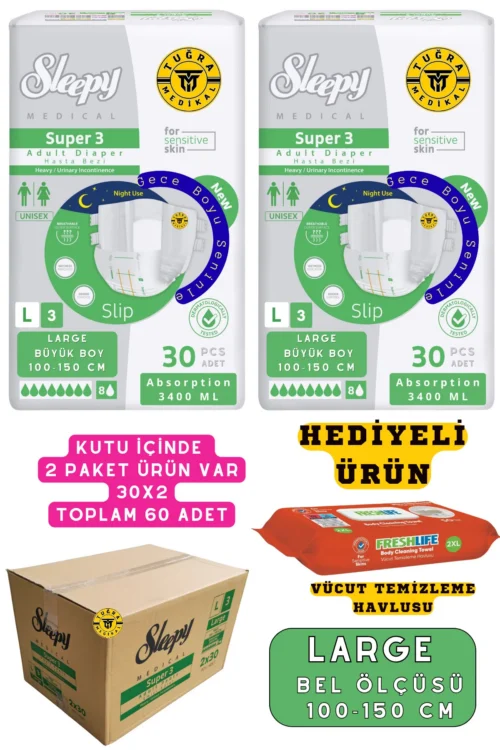 Belbantlı Yetişkin Hasta Bezi Unısex Süper 3 Gece Bezi | LARGE (L) 60 Adet 30X2 (HEDİYELİ)