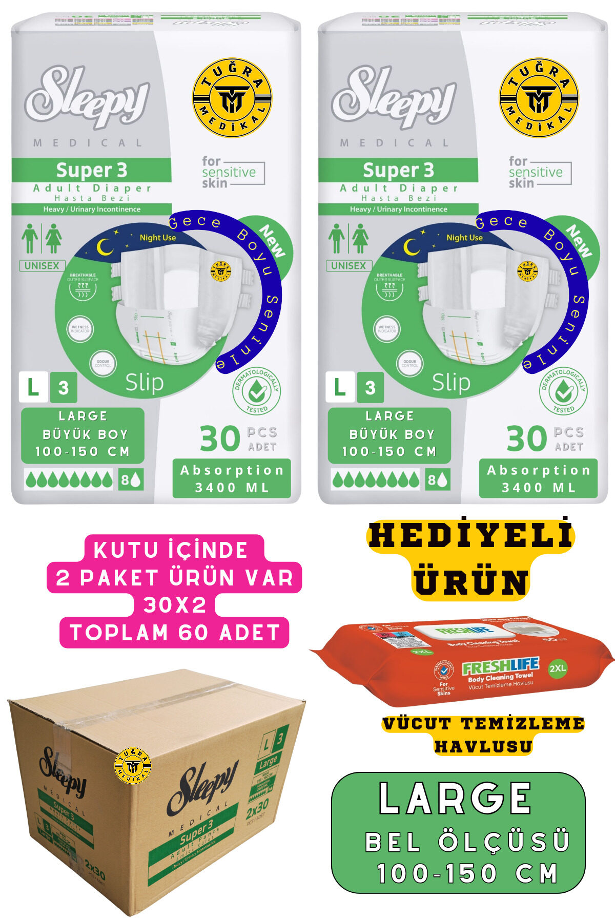 Belbantlı Yetişkin Hasta Bezi Unısex Süper 3 Gece Bezi | LARGE (L) 60 Adet 30X2 (HEDİYELİ)