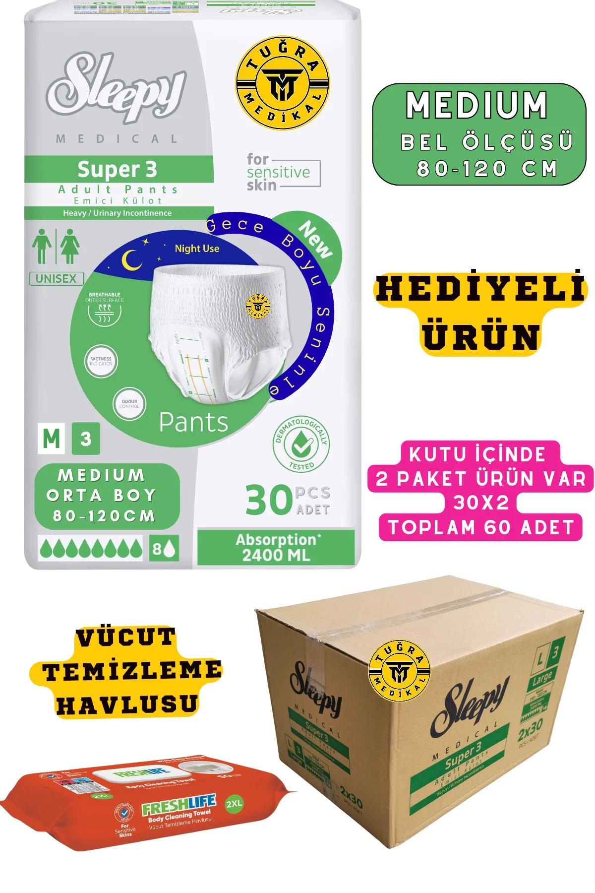 Yetişkin Unısex Süper 3 Emici Gece Külodu | MEDIUM (M) 60 Adet 30X2 (HEDİYELİ)