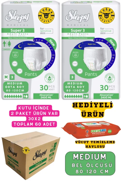 Yetişkin Unısex Süper 3 Emici Gece Külodu | MEDIUM (M) 60 Adet 30X2 (HEDİYELİ)