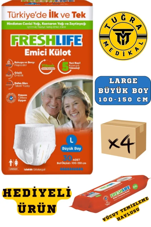 Freshlife Yetişkin Külotlu Hasta Bezi Emici Külot L (BÜYÜK BOY) 120 Adet 4 Paket