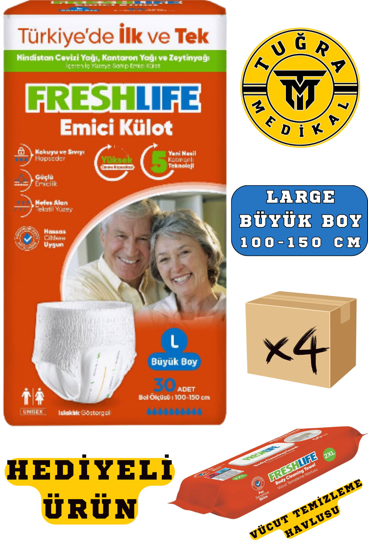 Freshlife Yetişkin Külotlu Hasta Bezi Emici Külot L (BÜYÜK BOY) 120 Adet 4 Paket