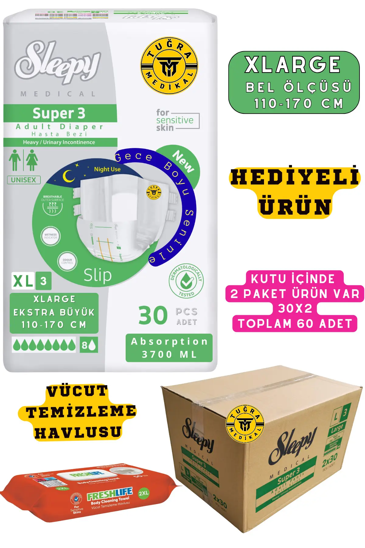 Belbantlı Yetişkin Hasta Bezi Unısex Süper 3 Gece Bezi | XLARGE (XL) 60 Adet 30X2 (HEDİYELİ)