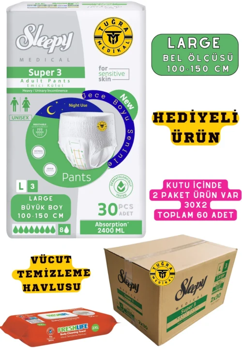 Yetişkin Unısex Süper 3 Emici Gece Külodu | Large (L) 60 Adet (HEDİYELİ)