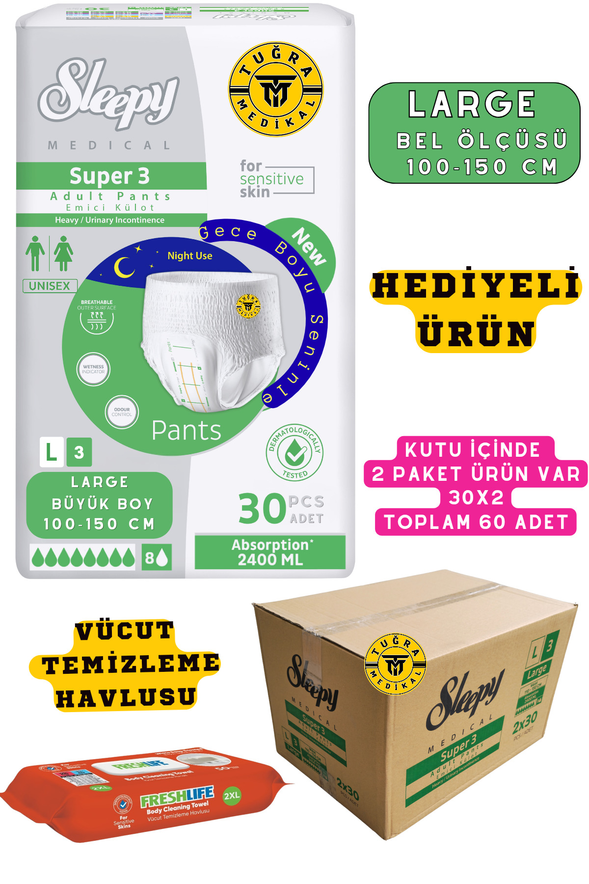 Yetişkin Unısex Süper 3 Emici Gece Külodu | Large (L) 60 Adet (HEDİYELİ)