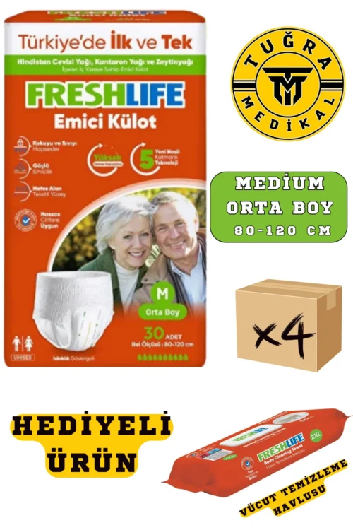 Freshlife Yetişkin Külotlu Hasta Bezi Emici Külot M (MEDİUM) 120 Adet 4 Paket