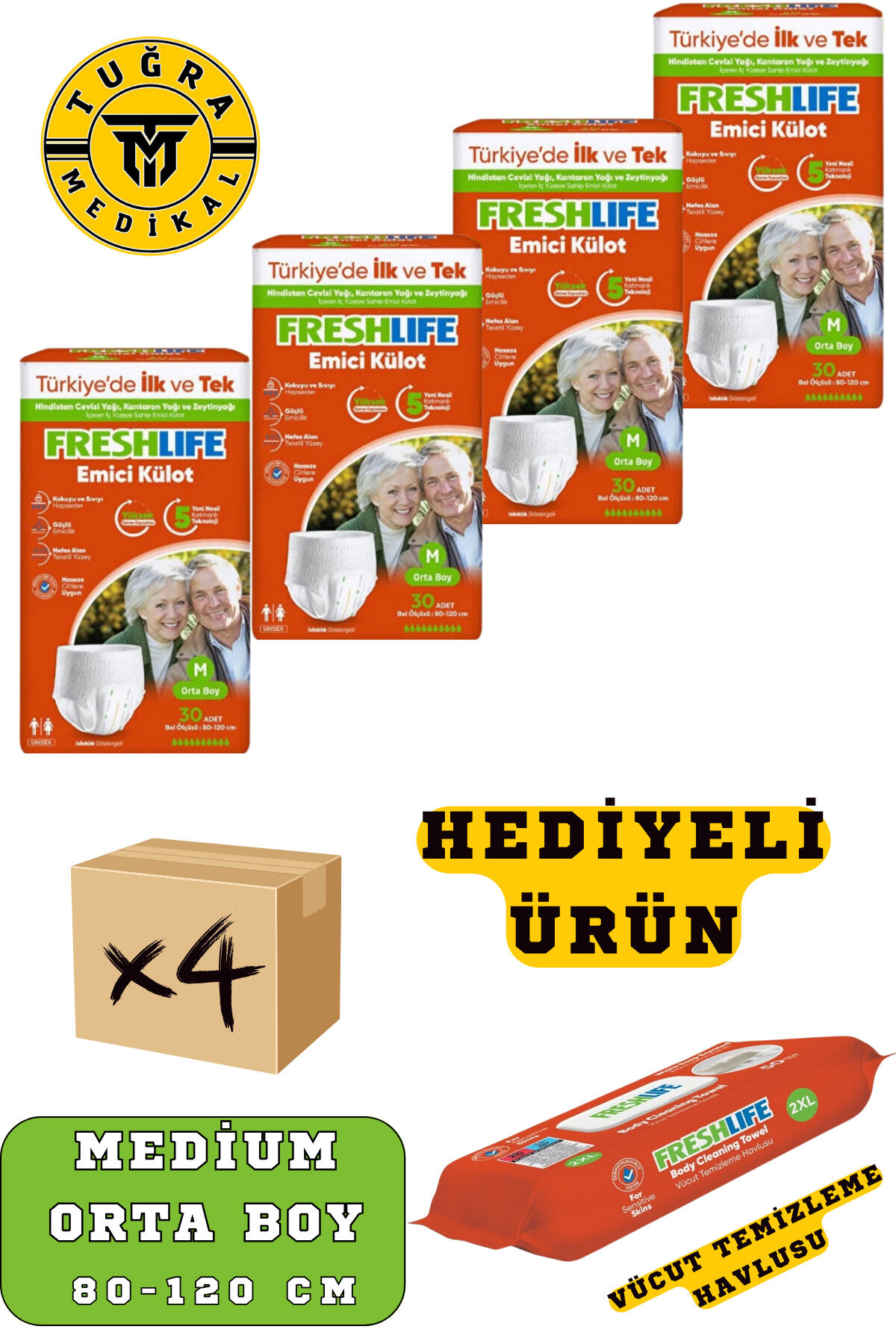 Freshlife Yetişkin Külotlu Hasta Bezi Emici Külot M (MEDİUM) 120 Adet 4 Paket