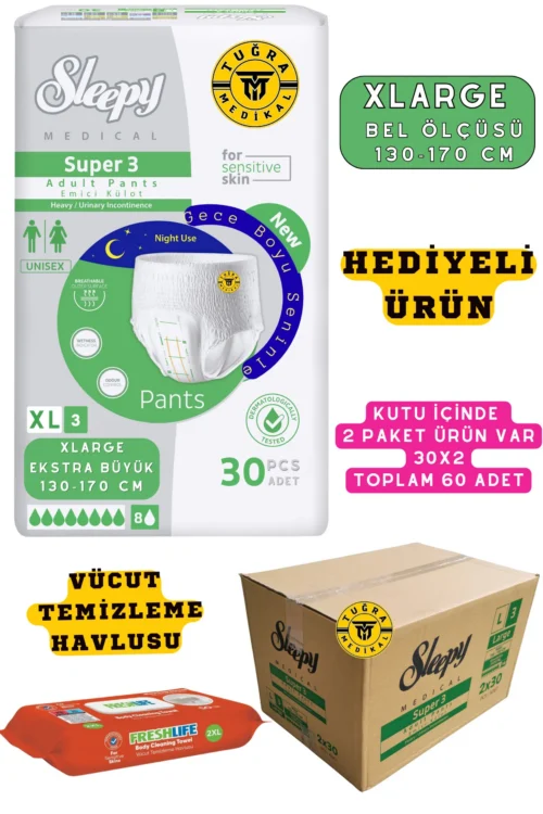 Yetişkin Unısex Süper 3 Emici Gece Külodu | XLarge (XL) 60 Adet (HEDİYELİ)