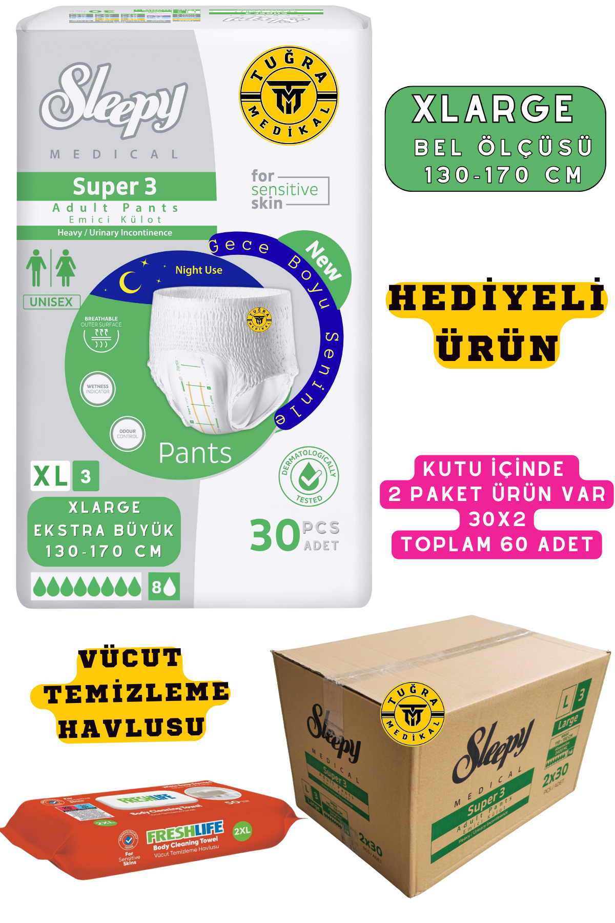 Yetişkin Unısex Süper 3 Emici Gece Külodu | XLarge (XL) 60 Adet (HEDİYELİ)