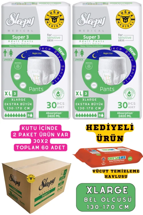 Yetişkin Unısex Süper 3 Emici Gece Külodu | XLarge (XL) 60 Adet (HEDİYELİ)