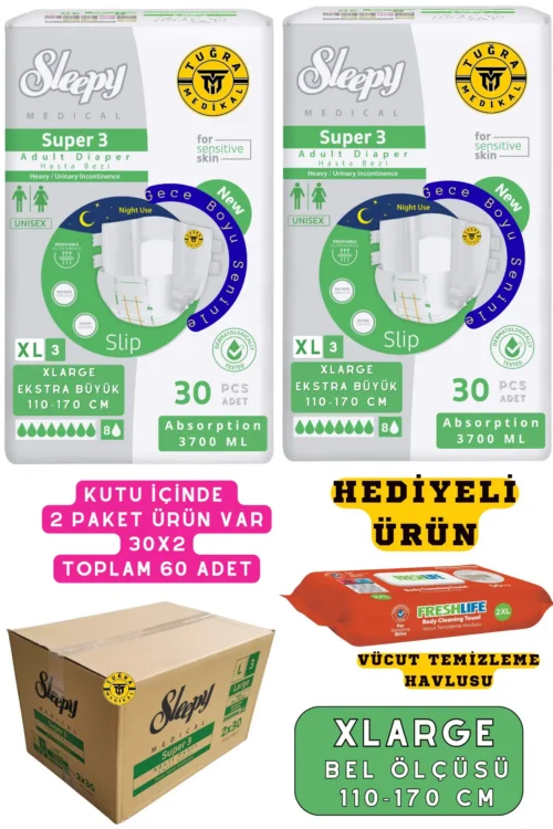 Belbantlı Yetişkin Hasta Bezi Unısex Süper 3 Gece Bezi | XLARGE (XL) 60 Adet 30X2 (HEDİYELİ)