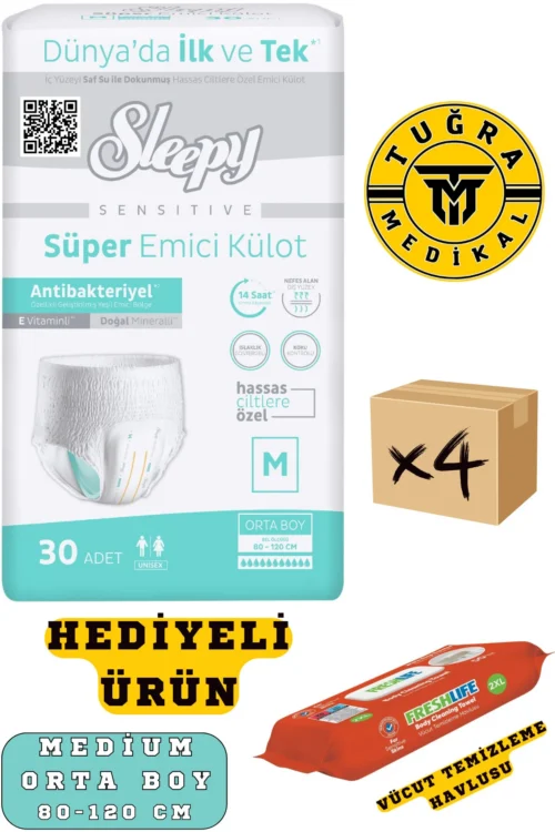 Külotlu Yetişkin Hasta Bezi Medium Beden 120 Adet (4Paket) (HEDİYELİ)