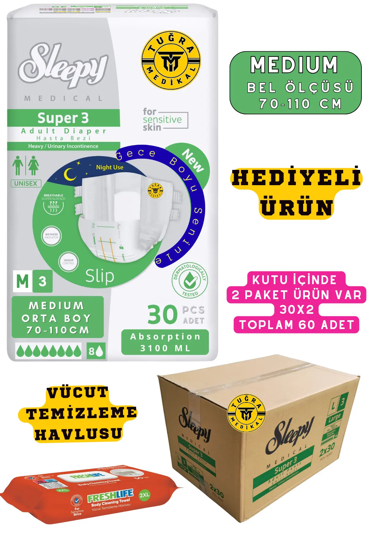 Belbantlı Yetişkin Hasta Bezi Unısex Süper 3 Gece Bezi | MEDIUM (M) 60 Adet 30X2 (HEDİYELİ)